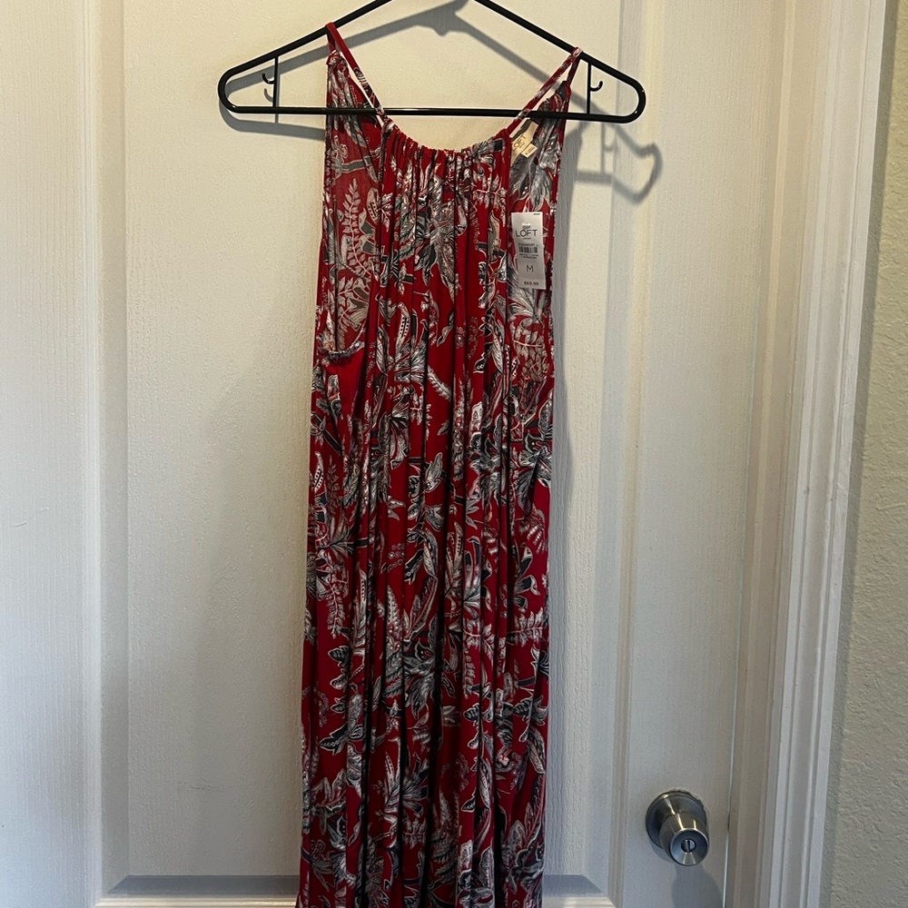 Loft Red Floral Maxi Dress with Spaghetti Straps